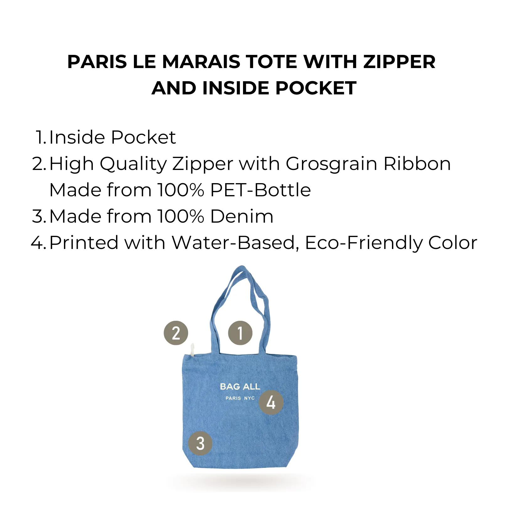 Paris Le Marais Tote with Zipper and Inside Pocket, Denim