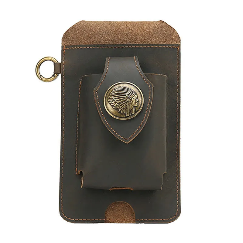 Phone Holster Magnetic Button Crazy Horse Leather Belt Bag