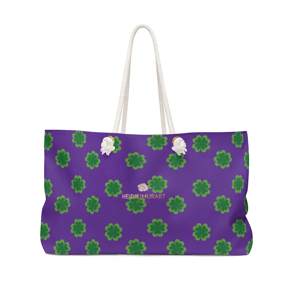 Purple Green Clover Print Tote, St. Patrick's Day Designer Large Weekender Tote Bag- Made in USA