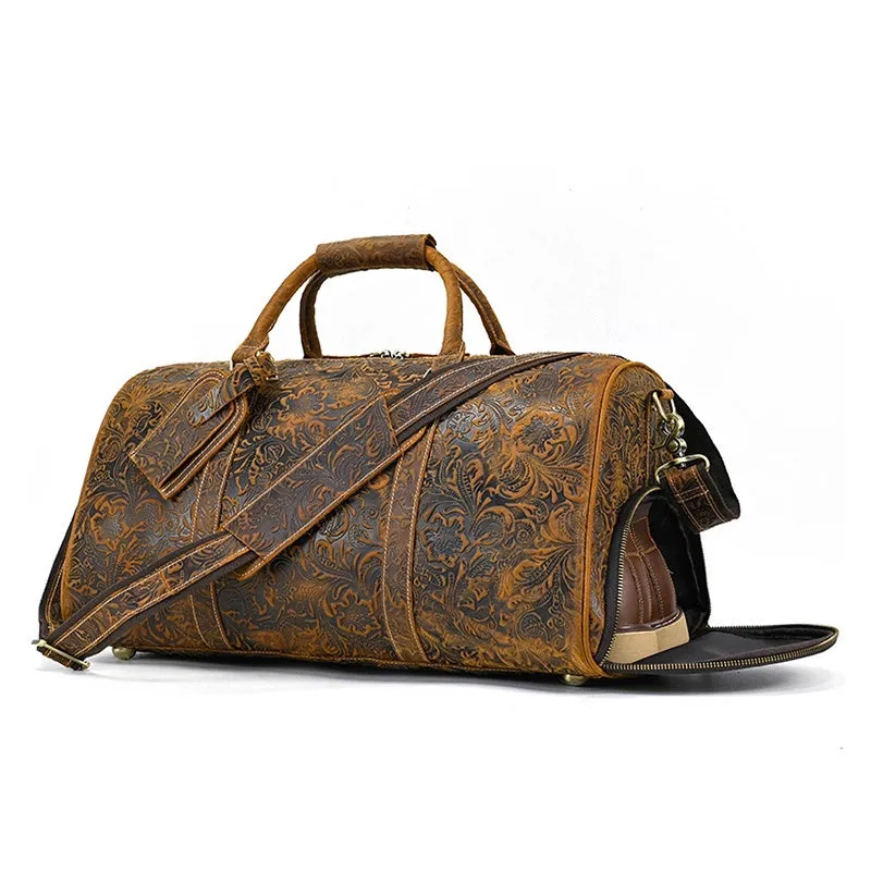 Retro Floral Leather Duffle Bag