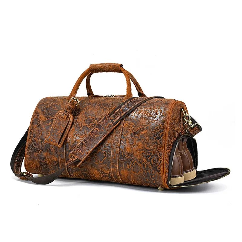 Retro Floral Leather Duffle Bag