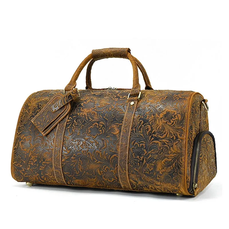 Retro Floral Leather Duffle Bag