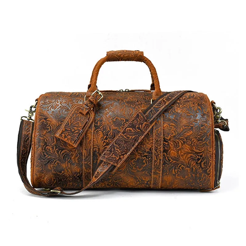 Retro Floral Leather Duffle Bag