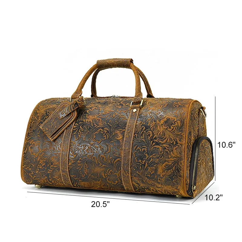 Retro Floral Leather Duffle Bag