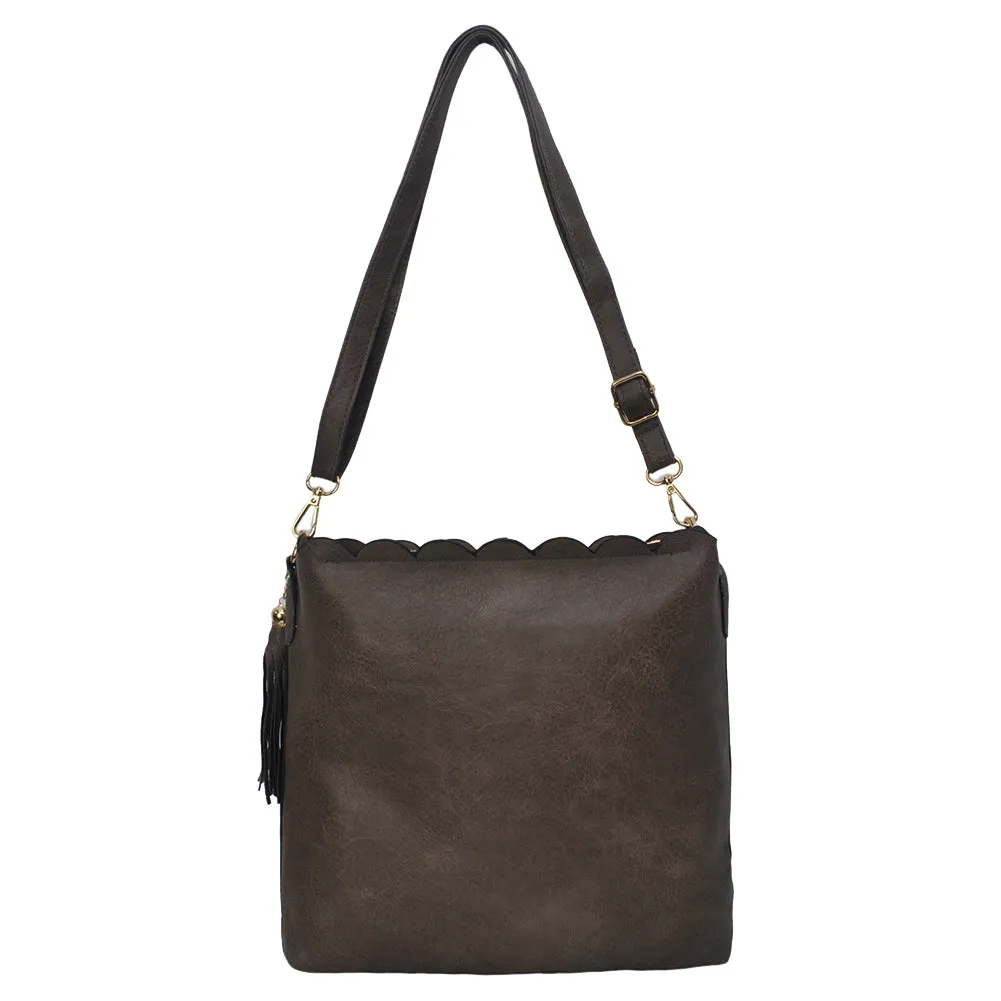 !SALE! Chocolate NGIL Faux Leather Scallop Shoulder Bag