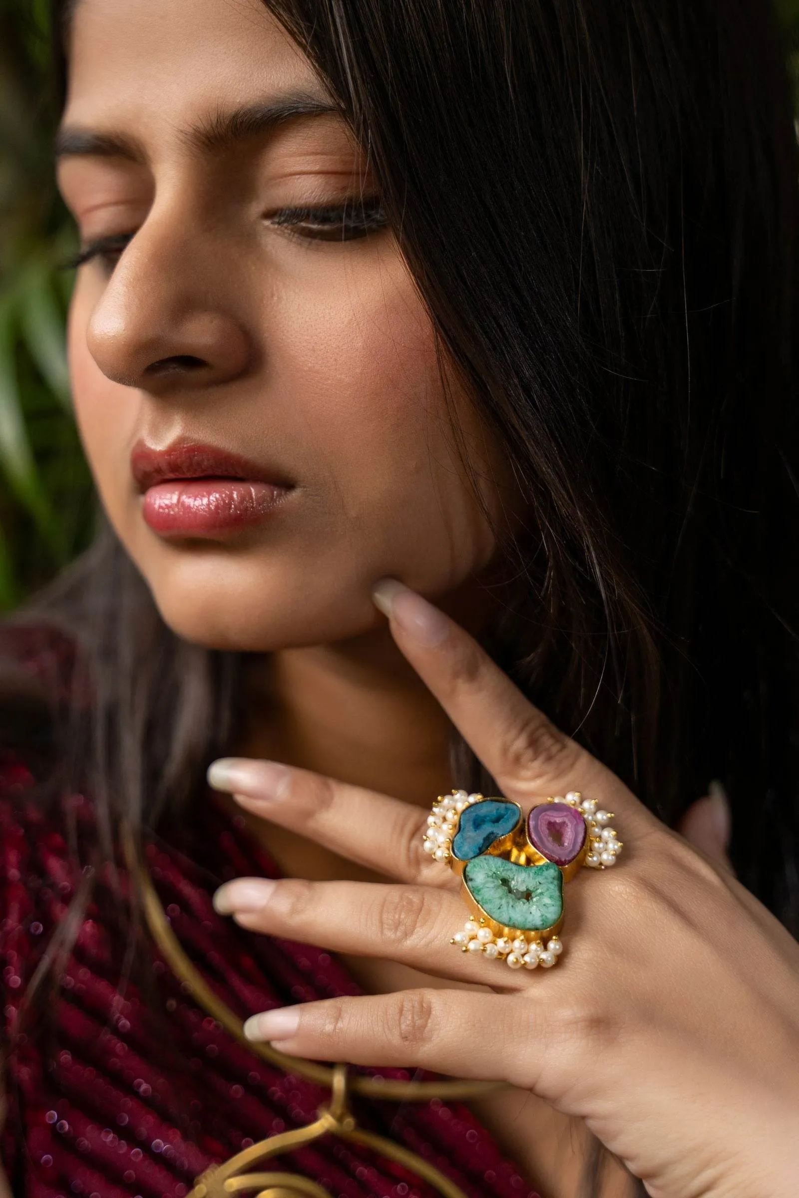 Semi Precious Green Teal Pink Geode Agate Brass Finger Ring - Unique Natural Stone Jewelry