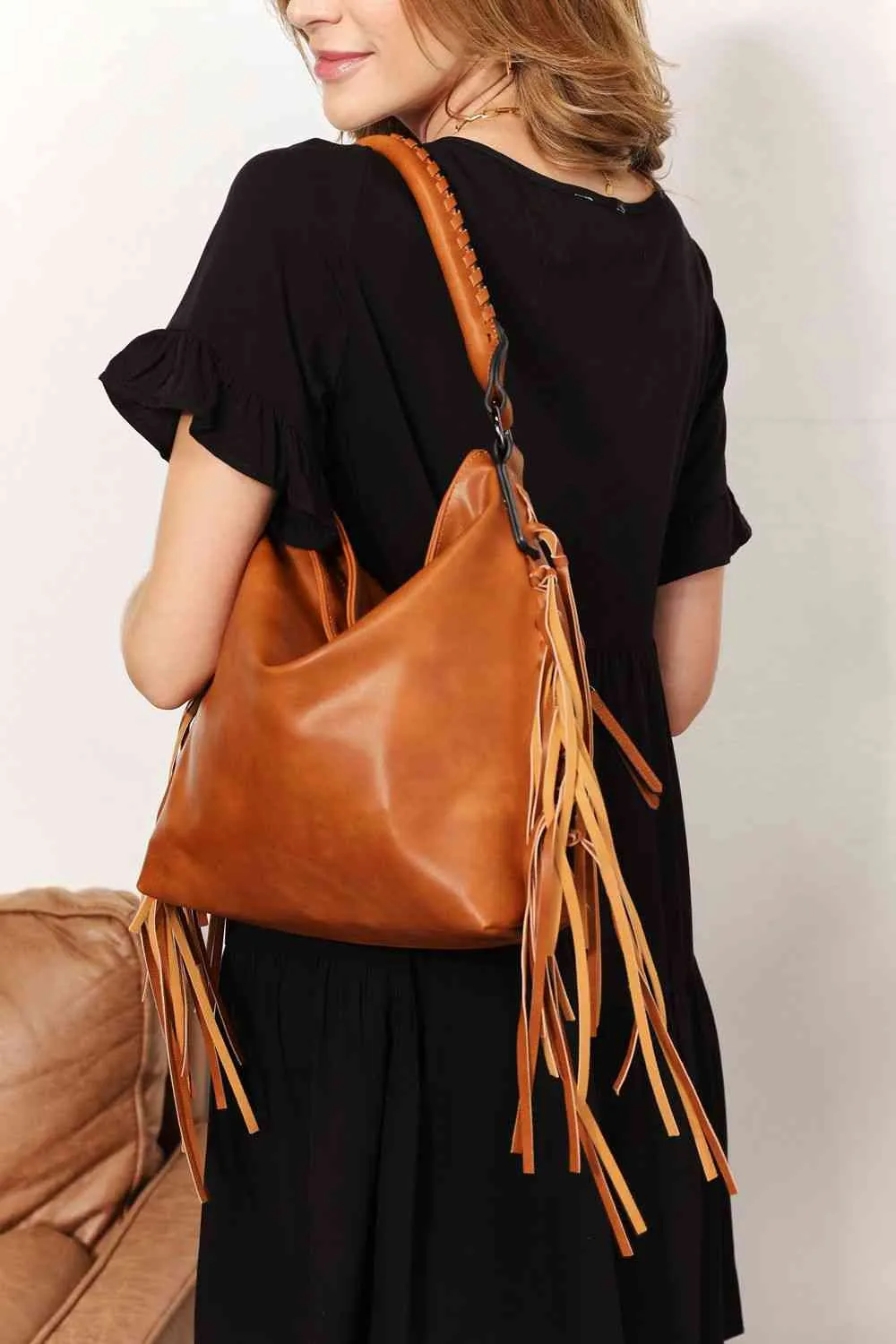 SHOMICO PU Leather Fringe Detail Western-Boho Shoulder Bag
