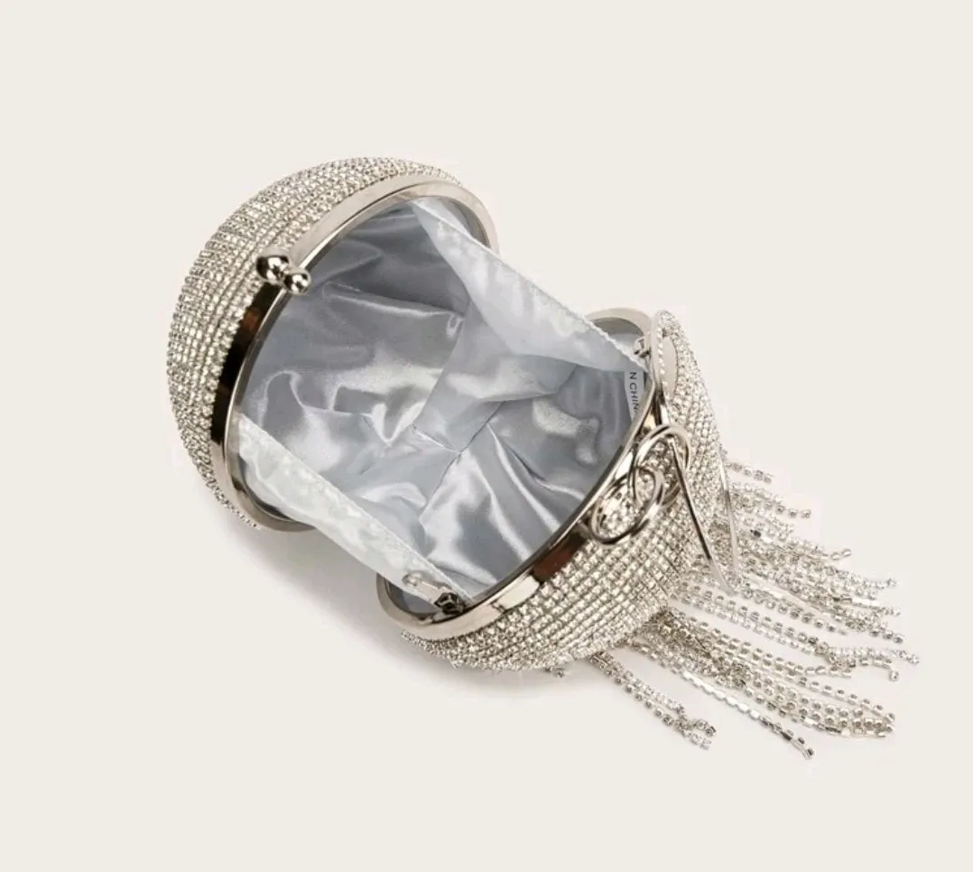 Silver Diamante Tassel Sphere Clutch.