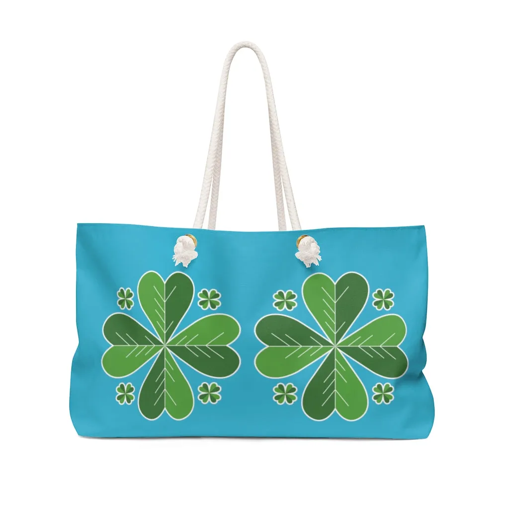 Sky Blue Green Clover Bag, Leaf St. Patrick's Day Irish Print 24"x13"Weekender Bag- Made in USA