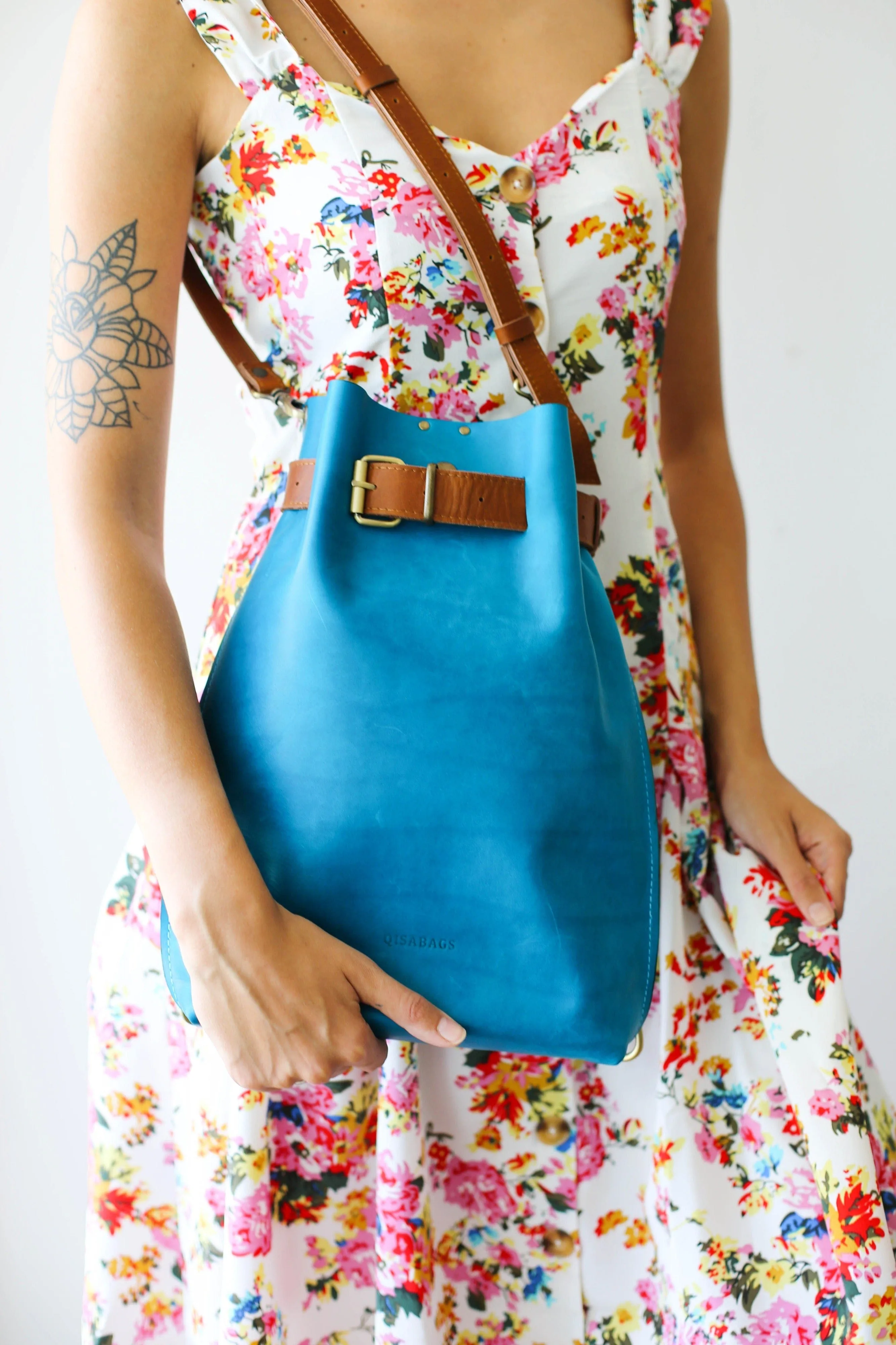 Sky Blue w/Brown Large Leather Bag