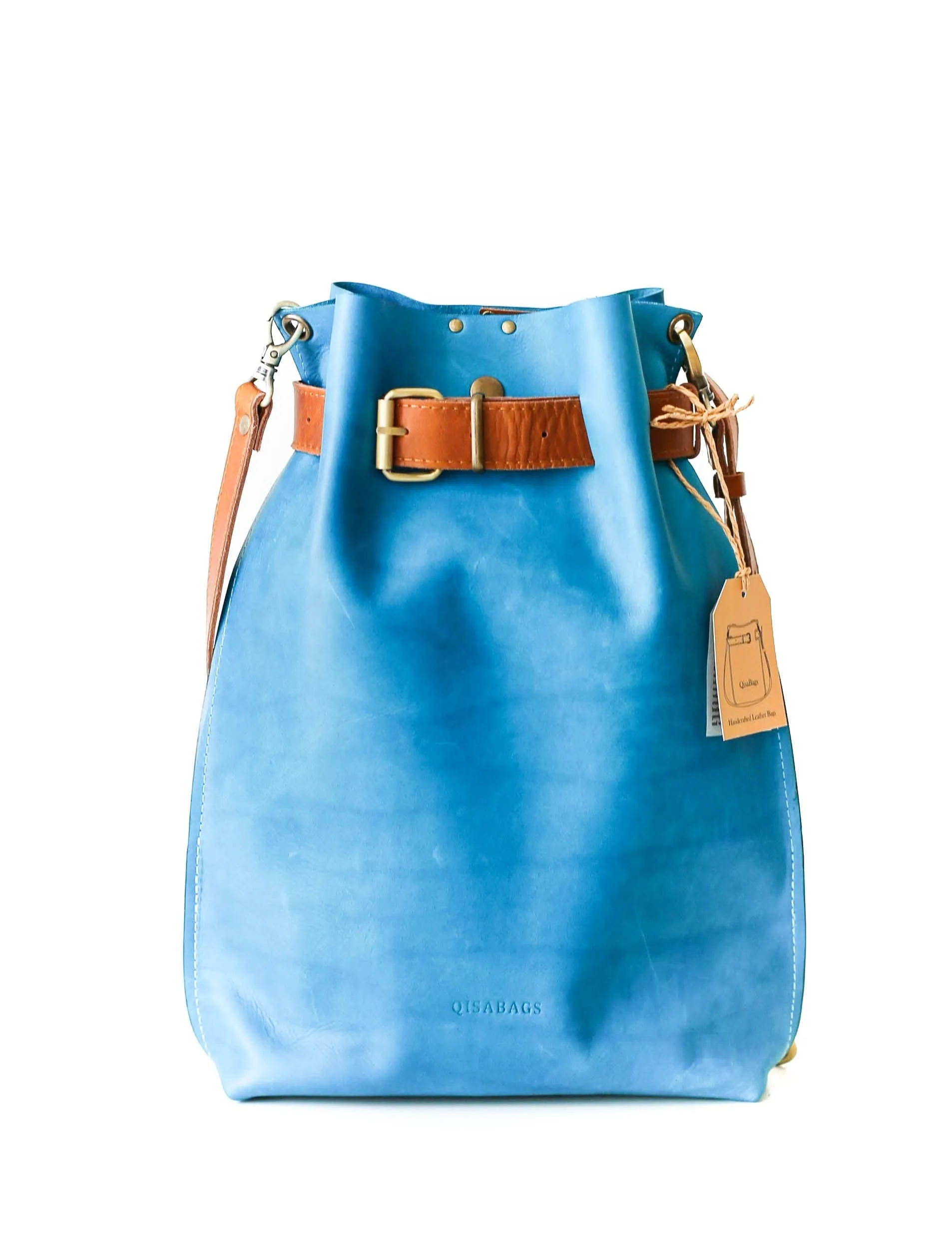 Sky Blue w/Brown Large Leather Bag