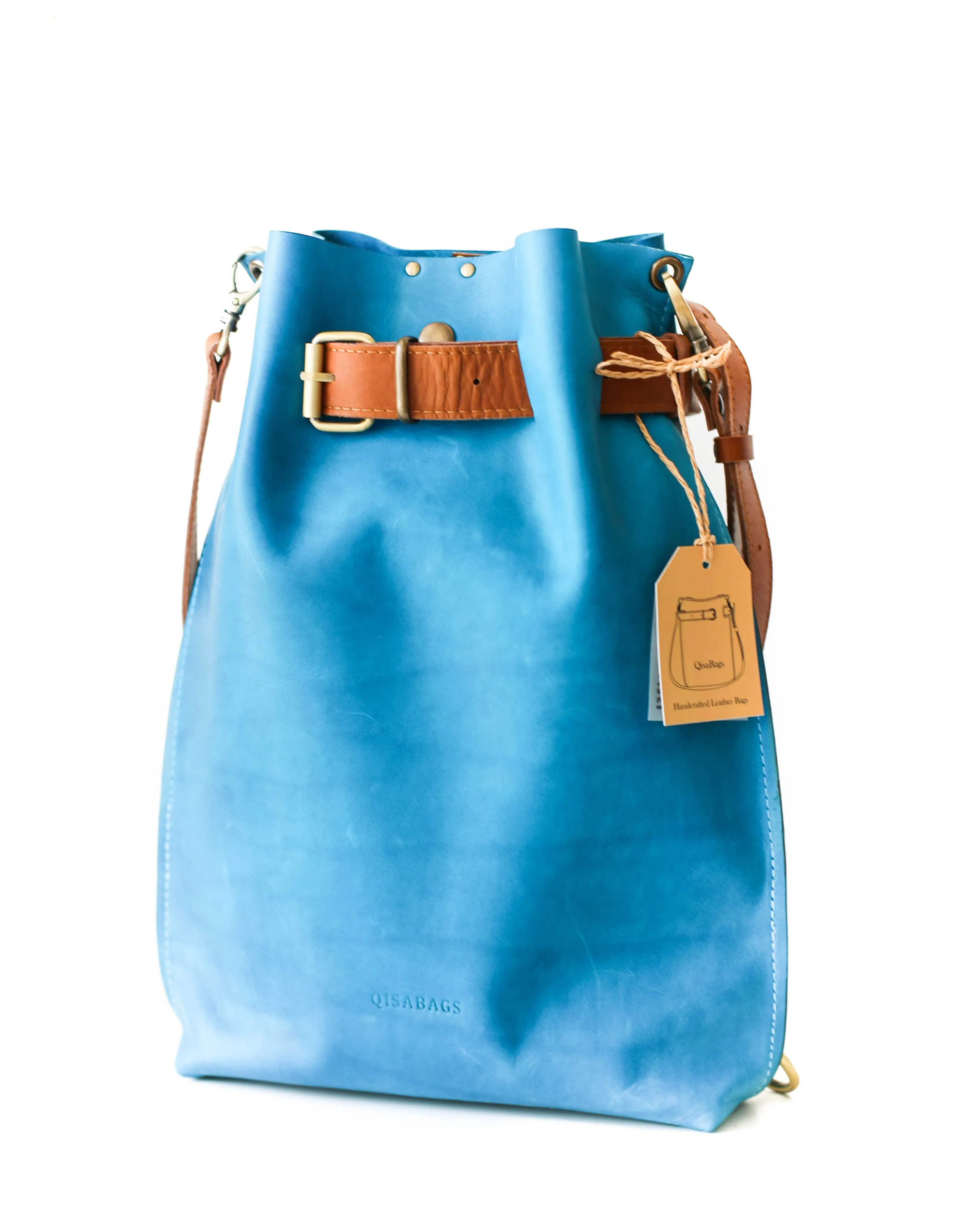 Sky Blue w/Brown Large Leather Bag