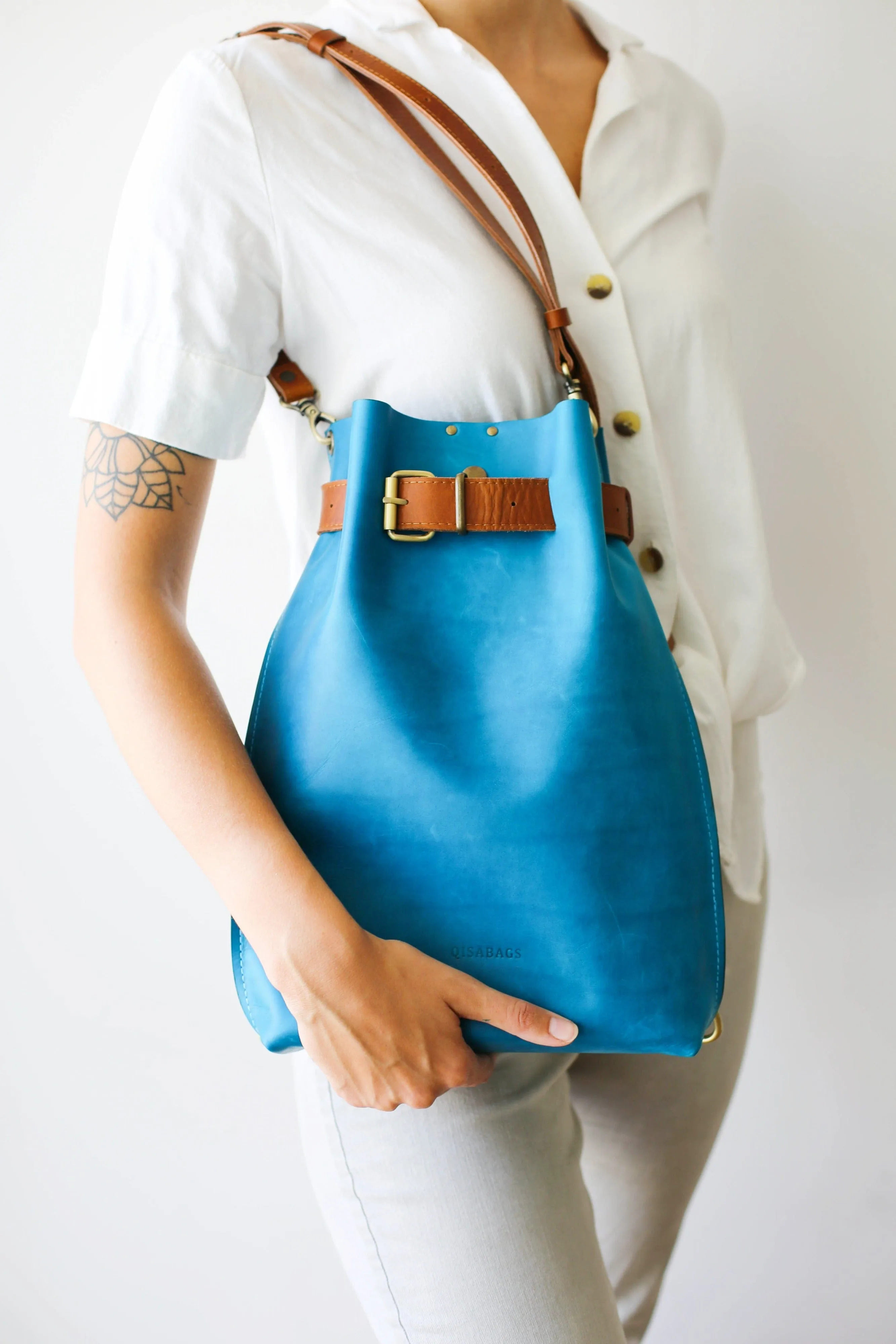 Sky Blue w/Brown Large Leather Bag