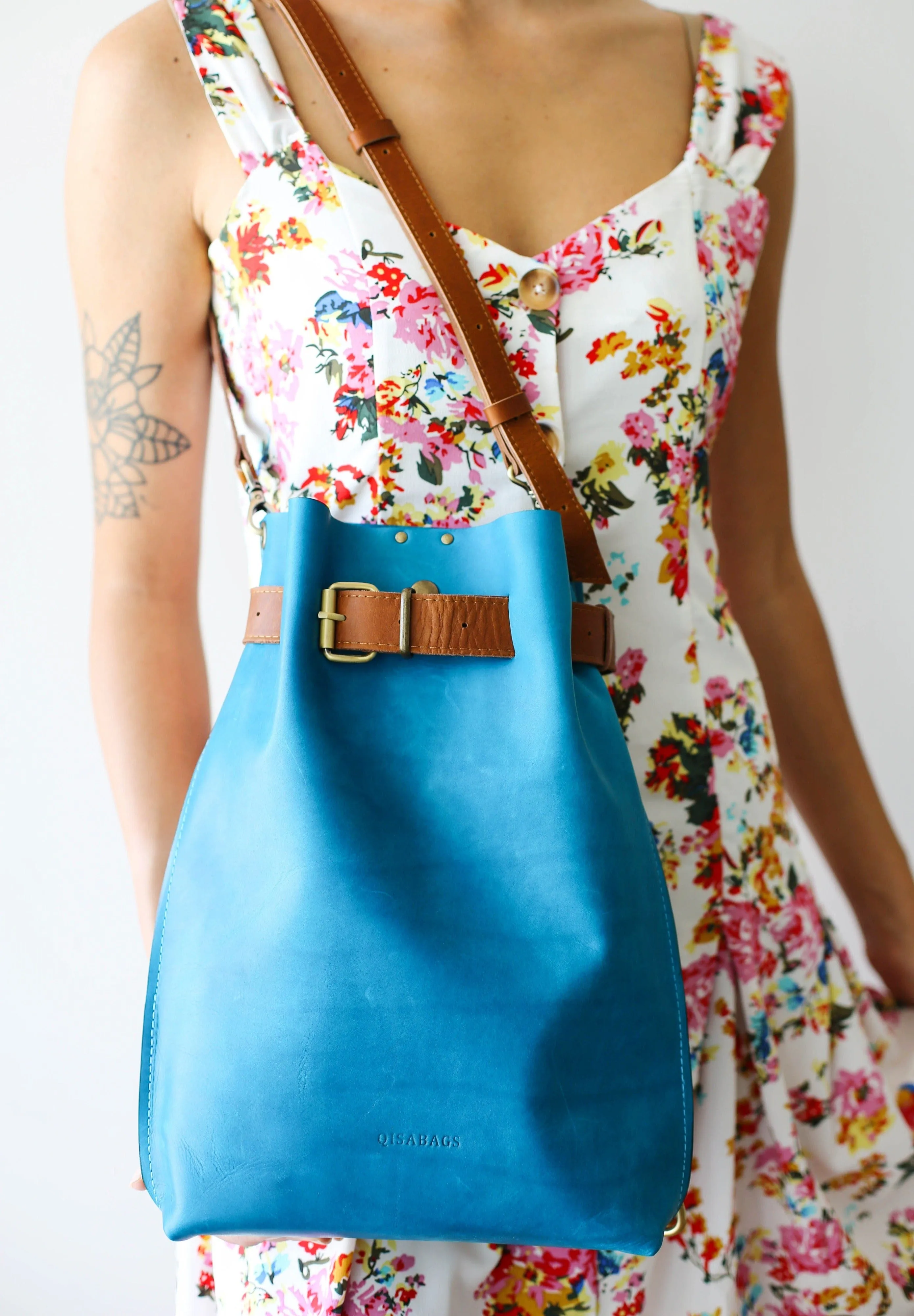 Sky Blue w/Brown Large Leather Bag