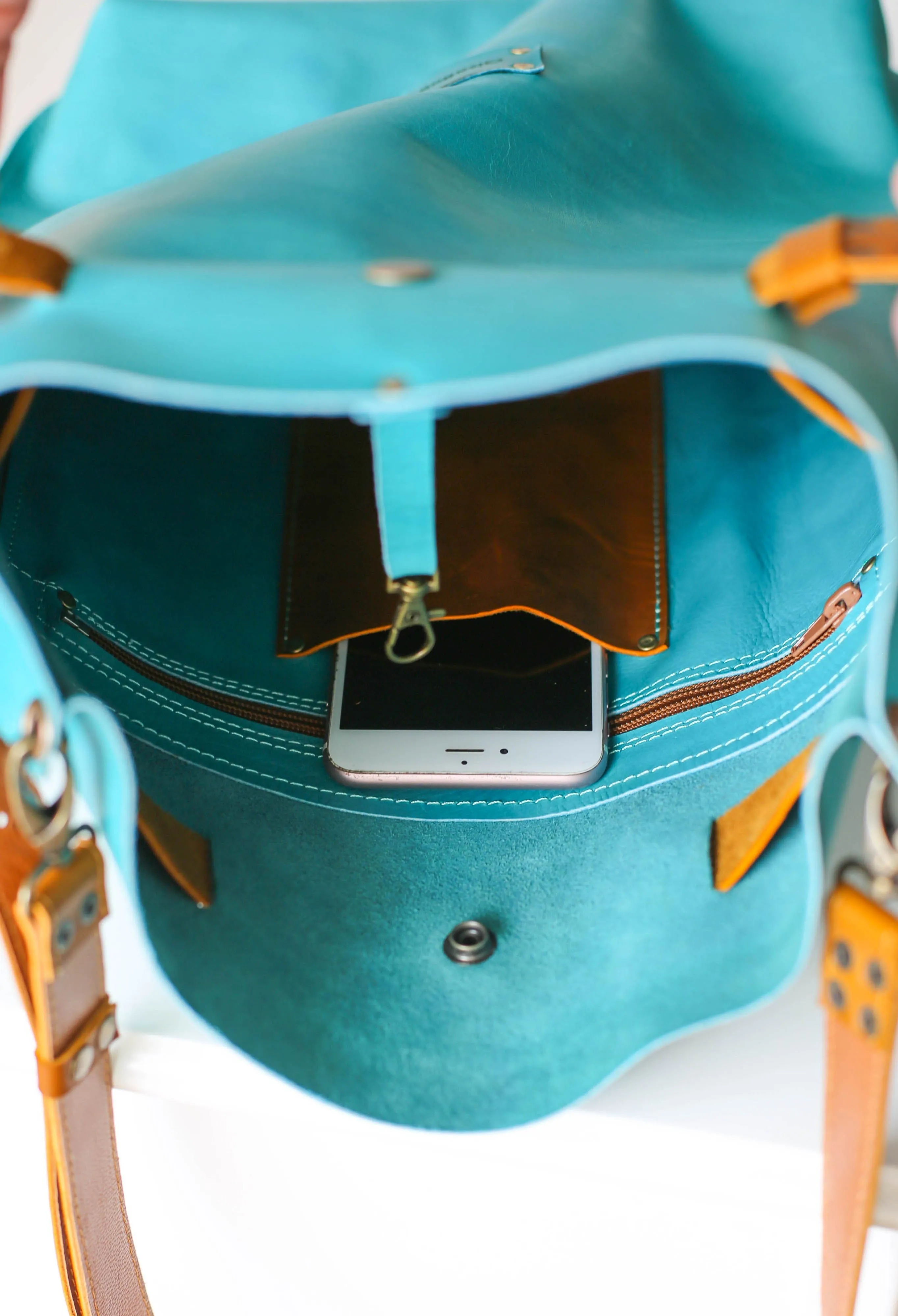 Sky Blue w/Brown Large Leather Bag