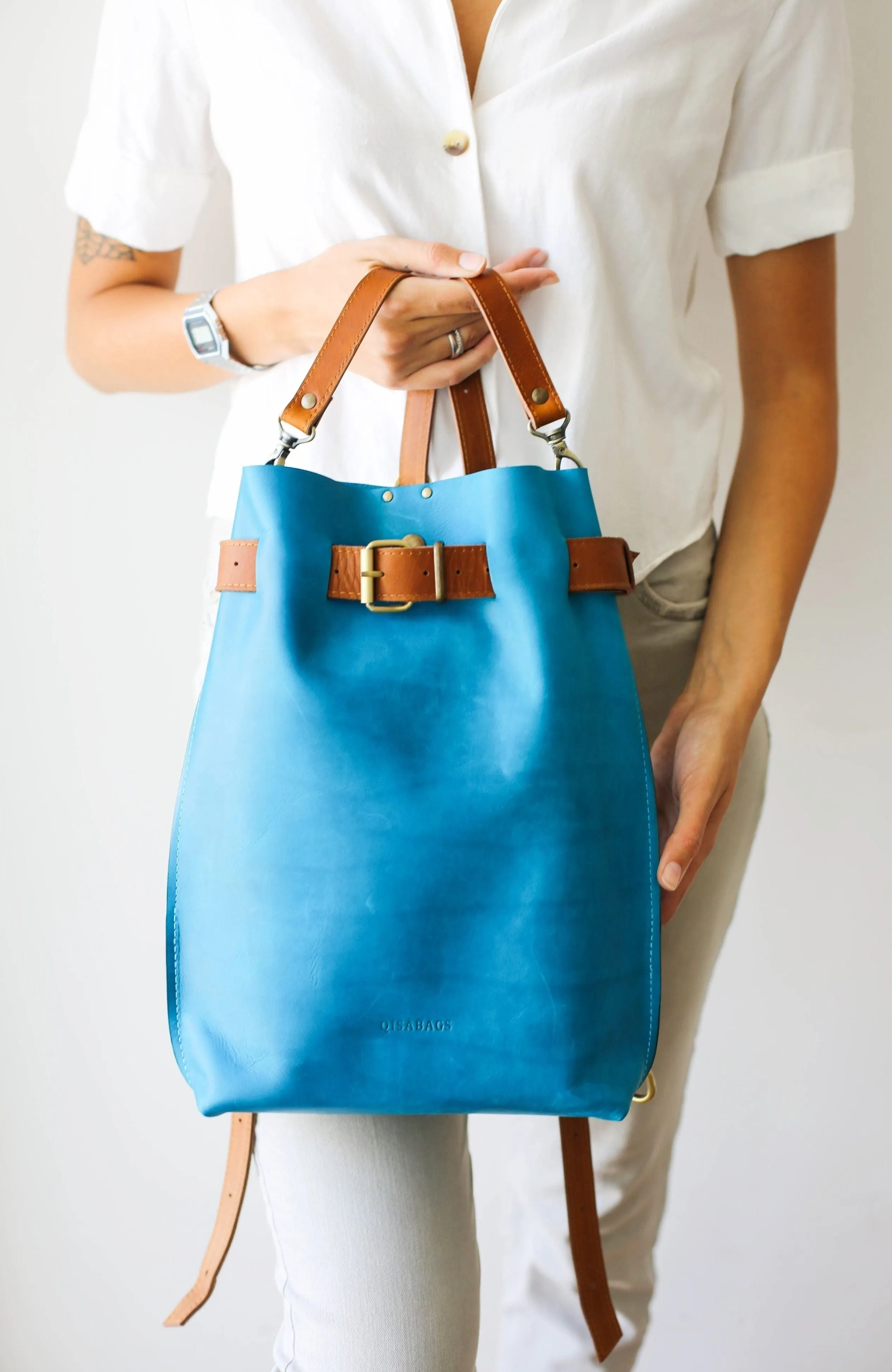 Sky Blue w/Brown Large Leather Bag