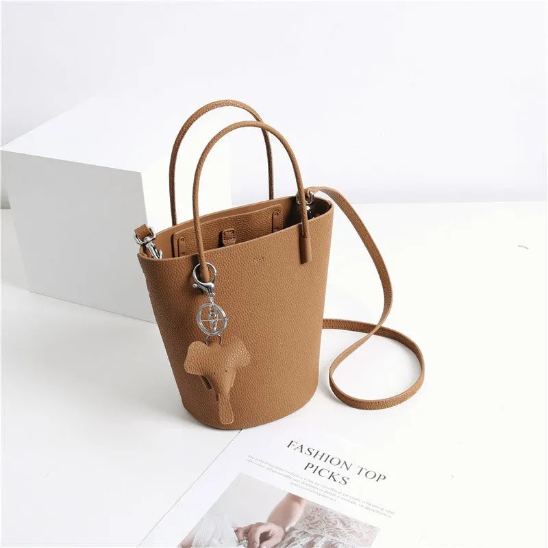 Small Bucket Bag In Grainy Calfskin Leather With Leather Elephant Hanger