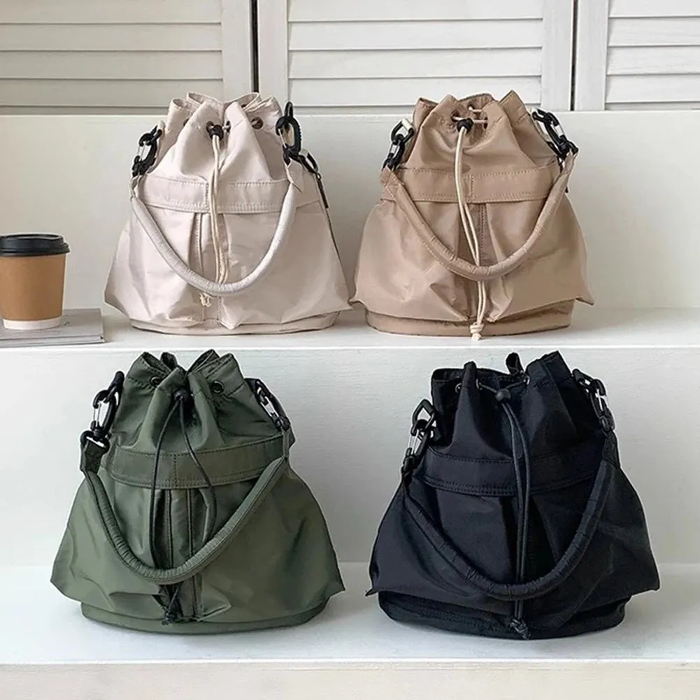 Sohiwoo Nylon Waterproof Shoulder Bag Drawstring Adjustable Women Crossbody Bag Harajuku Bucket Bag Large Capacity Travel Knapsack