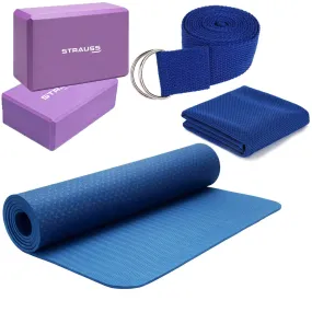 Strauss Eco-Friendly Single Texture TPE Yoga Mat 6 mm (Blue), Yoga Block (Purple) Pair, Anti-Slip Yoga Towel (Blue) and Yoga Belt (Blue)