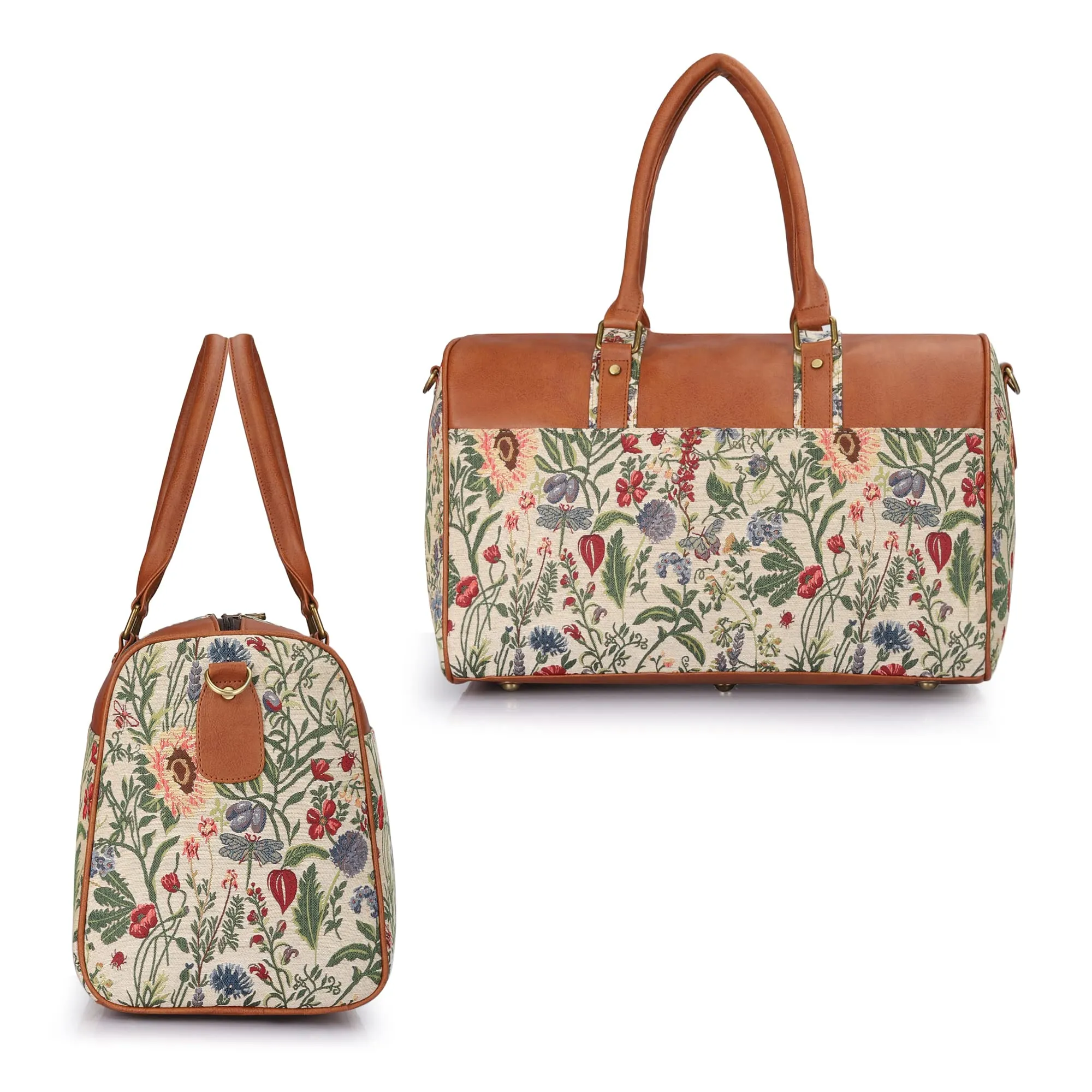 The Clownfish Brooklyn 32 litres Tapestry with Faux Leather Unisex Travel Duffle Bag Weekender Bag (Red-Floral)