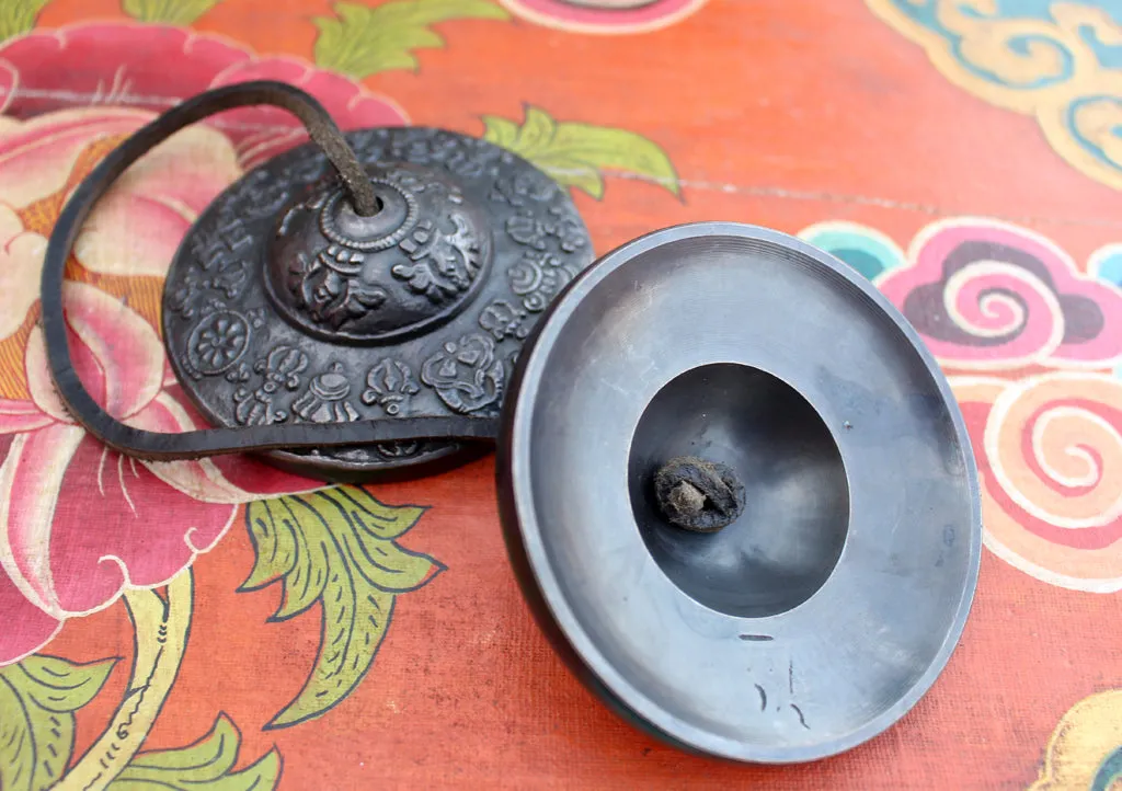 Tibetan 8 Auspicious Symbol Carved Meditation Tingsha/Cymbals with Copper Cover