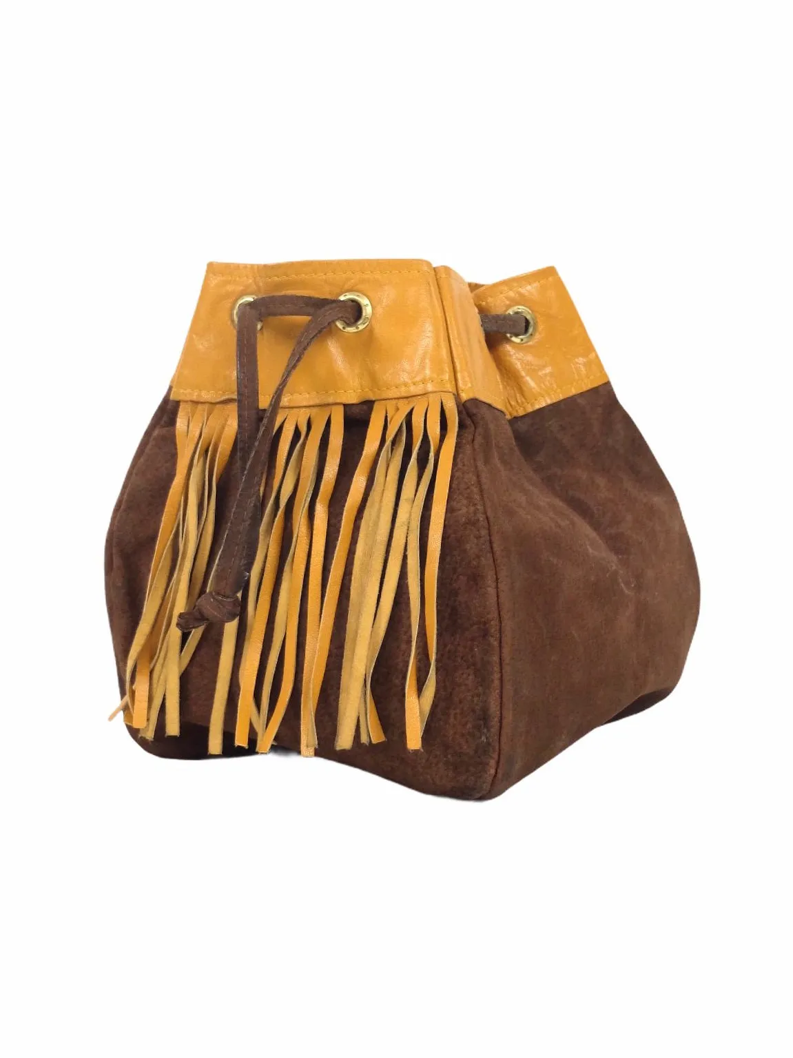 Vintage 70s Western Hippie Bohemian Festival Style Suede Leather Brown & Rust Orange Small Top Handle Boxy Fringed Bucket Bag Purse