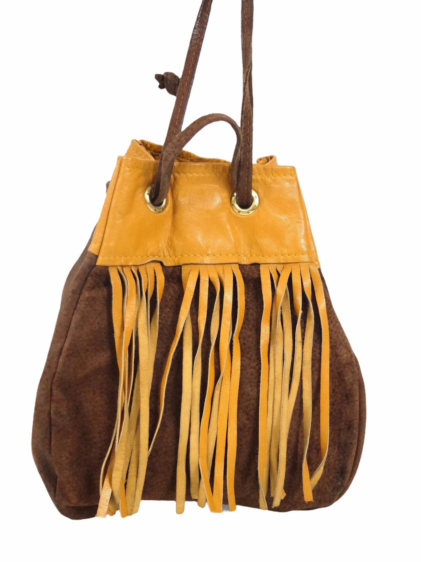 Vintage 70s Western Hippie Bohemian Festival Style Suede Leather Brown & Rust Orange Small Top Handle Boxy Fringed Bucket Bag Purse