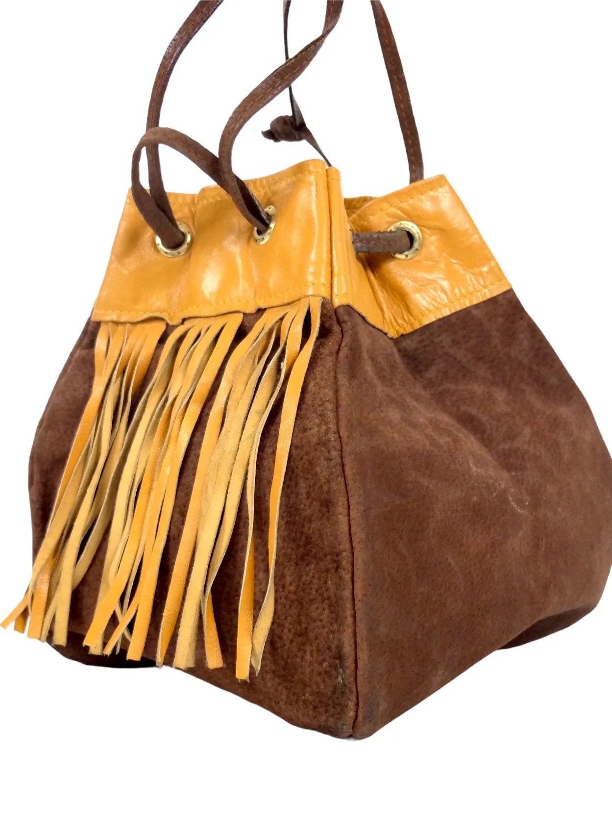 Vintage 70s Western Hippie Bohemian Festival Style Suede Leather Brown & Rust Orange Small Top Handle Boxy Fringed Bucket Bag Purse