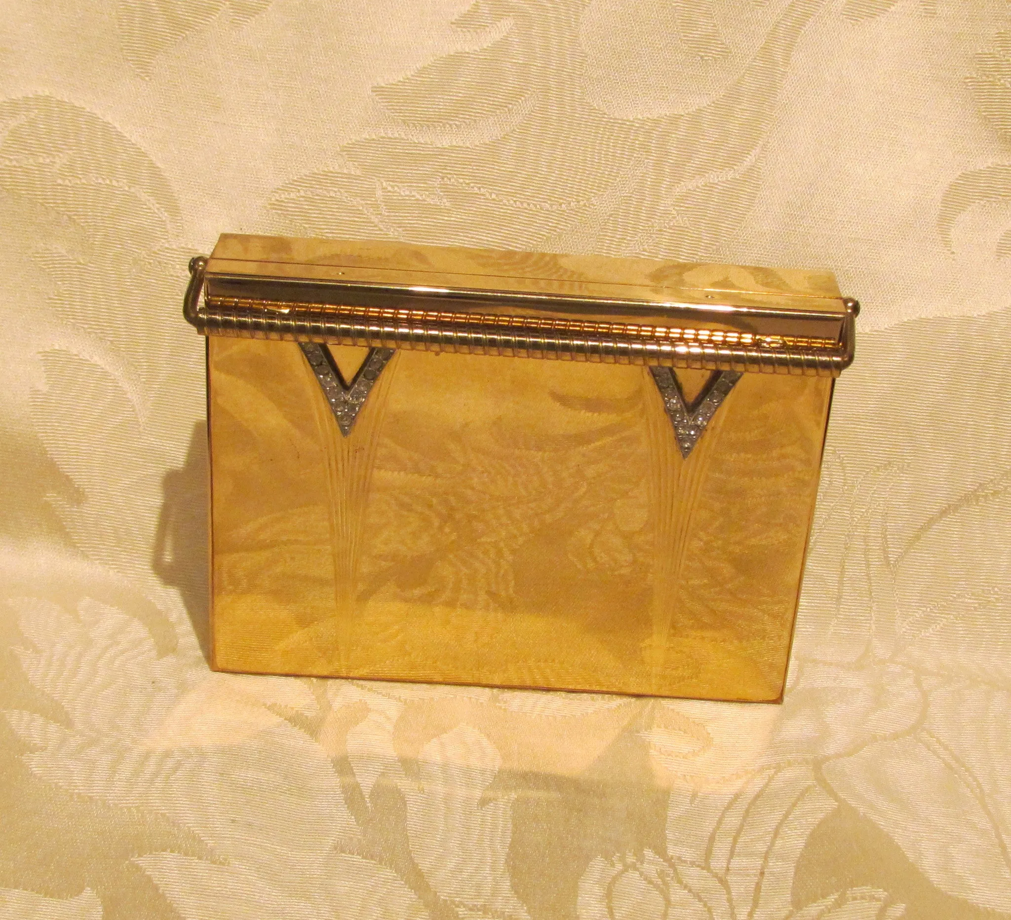 Volupte Compact Purse Art Deco Rhinestone Gold And Moire Unused