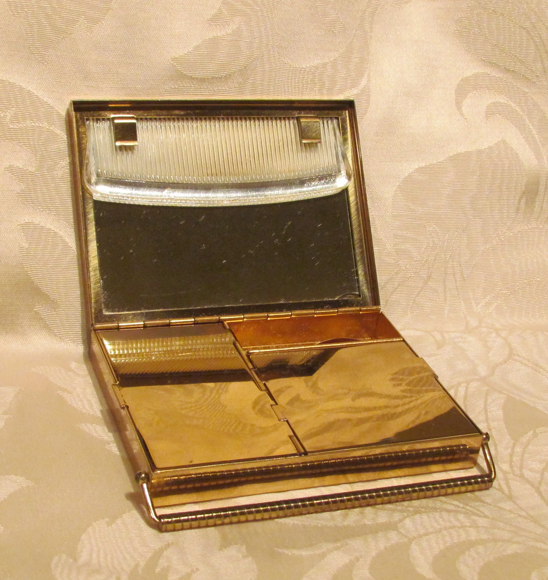 Volupte Compact Purse Art Deco Rhinestone Gold And Moire Unused