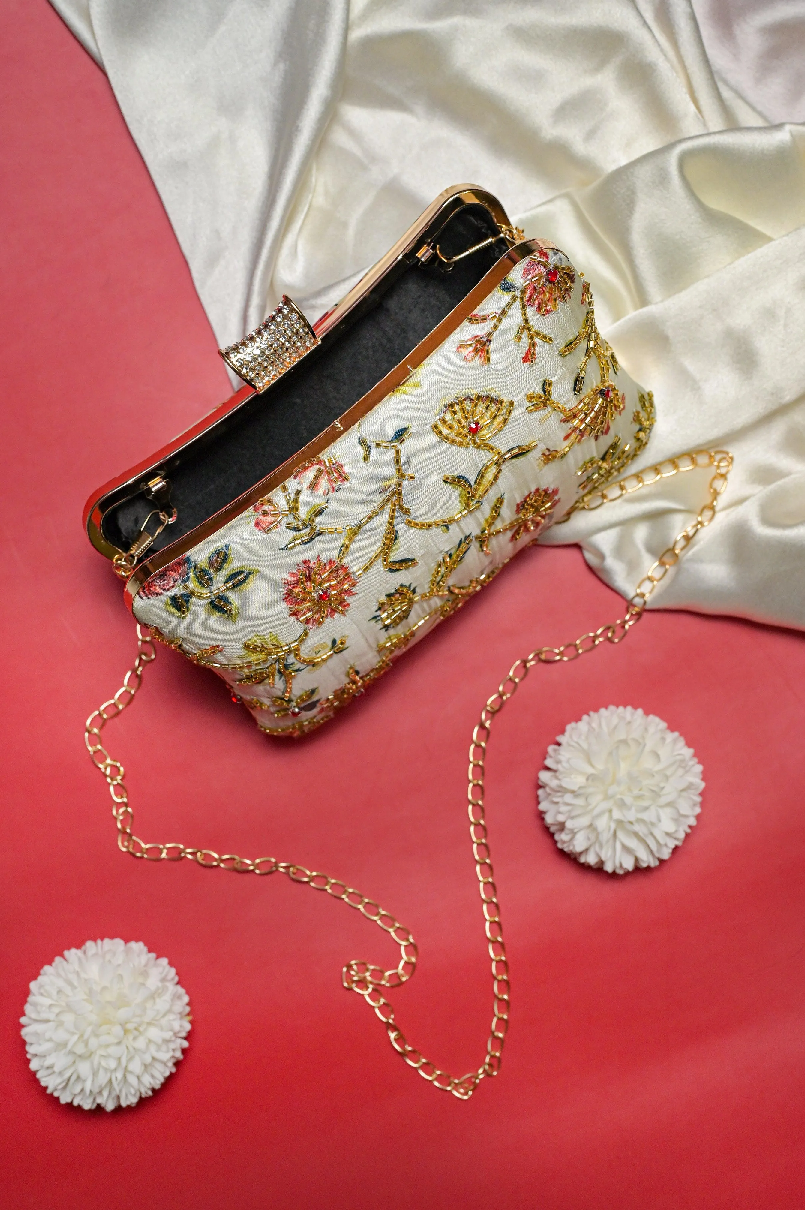 White Color Designer Clutch Bag with Zari Embroidery