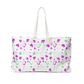 White Pink Hearts Weekender Bag, Valentine's Day Designer Weekender Bag Gift For Her- Made in USA