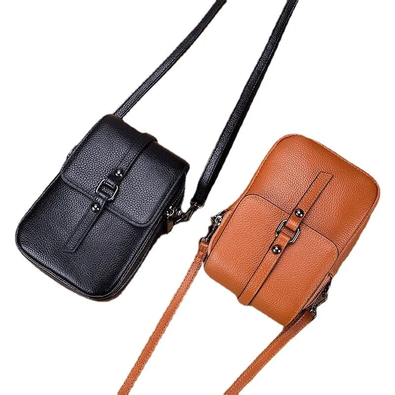 Women Genuine Leather Multi-Layers Earphone Hole 6.5 Inch Phone Crossbody Bag