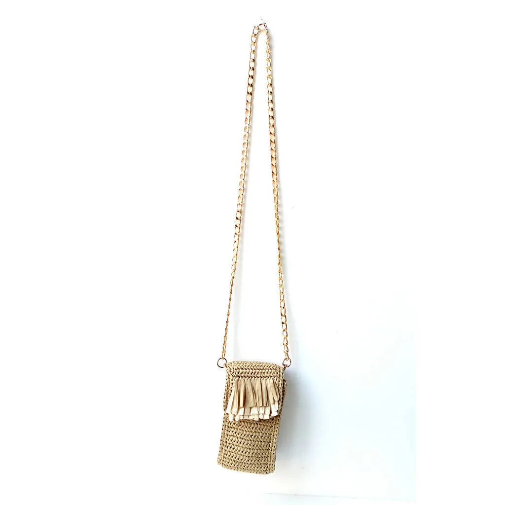 Women's Cell Phone Pouch, Cross-Shoulder Bag with Chain Strap in Natural Paper Yarn