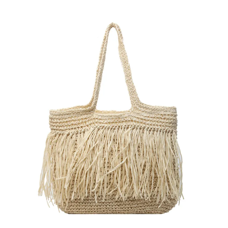 Woven Fringe Shoulder Tote Bag